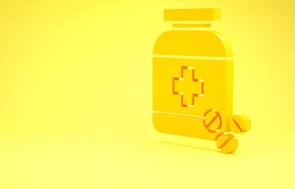 Жовта пляшка ліків і таблетки значок ізольовані на жовтому тлі. Знак пляшкової таблетки. Аптечний дизайн. Концепція мінімалізму. 3D ілюстрація 3D рендеринга — стокове фото