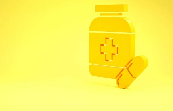 Yellow Medicine garrafa e pílulas ícone isolado no fundo amarelo. Sinal de pílula de garrafa. Design de farmácia. Conceito de minimalismo. 3D ilustração 3D render — Fotografia de Stock