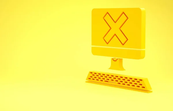 Yellow Computer with keyboard and x mark icon isolated on yellow background. Error window, exit button, cancel, 404 error page not found concept. Minimalism concept. 3d illustration 3D render