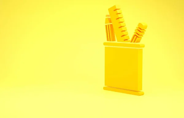 Lápiz amarillo icono de papelería aislado sobre fondo amarillo. Lápiz, bolígrafo, regla en un vaso para oficina. Concepto minimalista. 3D ilustración 3D render — Foto de Stock