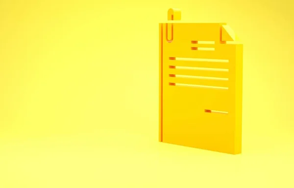 Amarelo Arquivo documento e clipe de papel ícone isolado no fundo amarelo. Ícone da lista de verificação. Conceito de negócio. Conceito de minimalismo. 3D ilustração 3D render — Fotografia de Stock