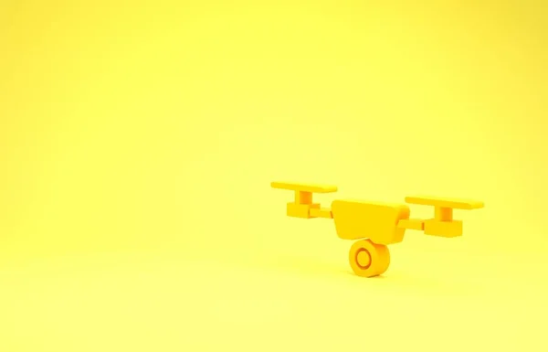 Yellow Drone flying with action video camera icon isolated on yellow background. Quadrocopter with video and photo camera symbol. Minimalism concept. 3d illustration 3D render — Stockfoto