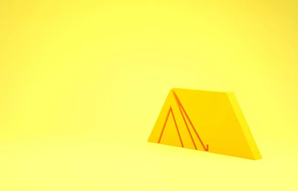 Żółta ikona namiotu turystycznego izolowana na żółtym tle. Symbol kempingu. Koncepcja minimalizmu. Ilustracja 3d — Zdjęcie stockowe