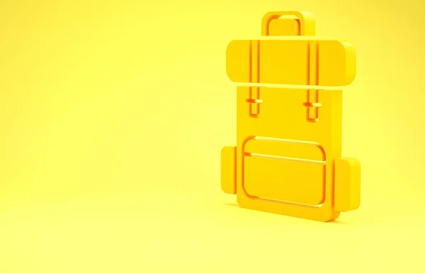 Žlutý turistický batoh ikona izolované na žlutém pozadí. Táboření a poznávání hor batohem. Minimalismus. 3D ilustrace 3D vykreslení — Stock fotografie