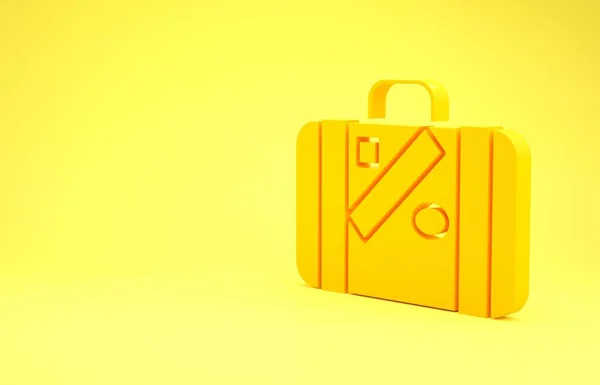 Yellow Suitcase for travel and stickers icon isolated on yellow background. Traveling baggage sign. Travel luggage icon. Minimalism concept. 3d illustration 3D render — Stok fotoğraf