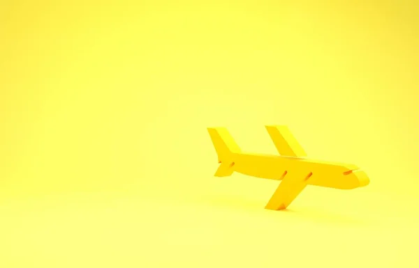 Ícone de plano amarelo isolado no fundo amarelo. Ícone de avião voador. Sinal de avião. Conceito de minimalismo. 3D ilustração 3D render — Fotografia de Stock