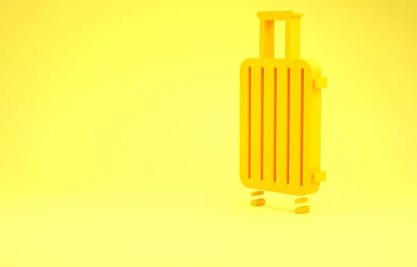 Κίτρινη βαλίτσα για ταξιδιωτικό εικονίδιο που απομονώνεται σε κίτρινο φόντο. Πινακίδα αποσκευών. Εικονίδιο αποσκευών ταξιδιού. Μινιμαλιστική έννοια. 3D απεικόνιση 3d καθιστούν — Φωτογραφία Αρχείου