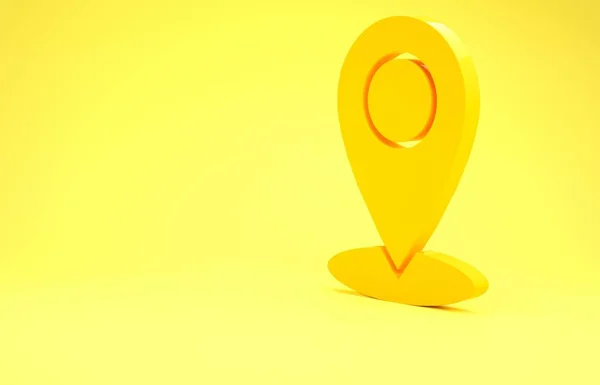 Yellow Map pin icon isolated on yellow background. Navigation, pointer, location, map, gps, direction, place, compass, contact, search concept. Minimalism concept. 3d illustration 3D render — Stockfoto
