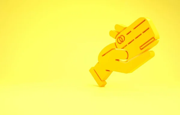 Κίτρινο ανθρώπινο χέρι κρατώντας με πιστωτική κάρτα εικονίδιο απομονώνονται σε κίτρινο φόντο. Online πληρωμή. Πλήρωσε με κάρτα. Οικονομικές πράξεις. Μινιμαλιστική έννοια. 3D απεικόνιση 3d καθιστούν — Φωτογραφία Αρχείου