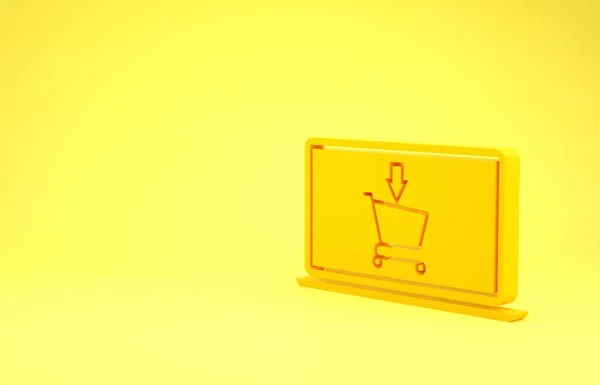 Carrinho de compras amarelo na tela ícone laptop isolado no fundo amarelo. Conceito e-commerce, e-business, marketing de negócios online. Conceito de minimalismo. 3D ilustração 3D render — Fotografia de Stock