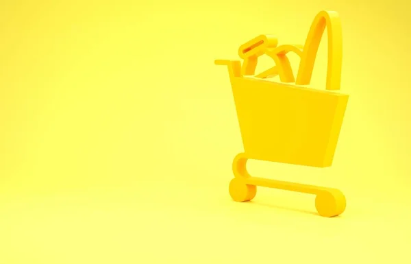 Жовтий кошик і значок їжі ізольовані на жовтому тлі. Магазин їжі, супермаркет. Концепція мінімалізму. 3D ілюстрація 3D рендеринга — стокове фото