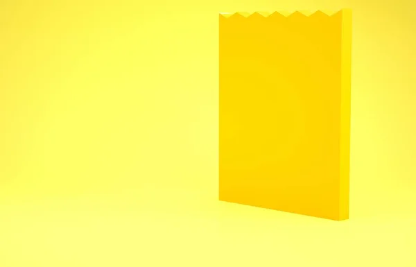 Ikona nákupní tašky ze žlutého papíru izolovaná na žlutém pozadí. Značka balíčku. Minimalismus. 3D ilustrace 3D vykreslení — Stock fotografie