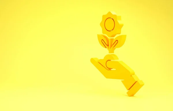 Κίτρινο χέρι κρατώντας το λουλούδι εικονίδιο απομονώνονται σε κίτρινο φόντο. Σπόροι και σπορά. Φυτεύω δενδρύλλιο. Οικολογική έννοια. Μινιμαλιστική έννοια. 3D απεικόνιση 3d καθιστούν — Φωτογραφία Αρχείου