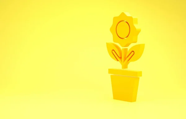 Fiore giallo in vaso icona isolata su sfondo giallo. Pianta che cresce in vaso. Segno di pianta in vaso. Concetto minimalista. Illustrazione 3d rendering 3D — Foto Stock