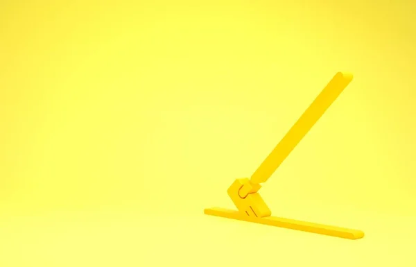 Gelbe Gartenharke im Arbeitssymbol isoliert auf gelbem Hintergrund. Werkzeug für Gartenbau, Landwirtschaft, Landwirtschaft. Bodenbearbeitung. Minimalismus-Konzept. 3D Illustration 3D Renderer — Stockfoto