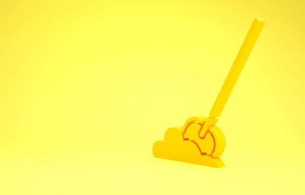 Желтая лопата на иконке земли выделена на желтом фоне. Садовый инструмент. Инструмент для садоводства, сельского хозяйства, сельского хозяйства. Концепция минимализма. 3D-рендеринг — стоковое фото