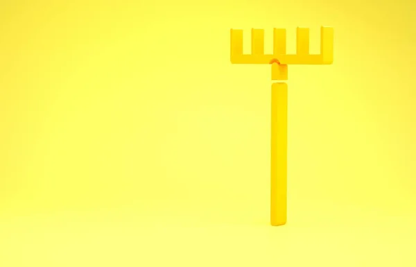 Yellow Garden rake icon isolated on yellow background. Tool for horticulture, agriculture, farming. Ground cultivator. Housekeeping equipment. Minimalism concept. 3d illustration 3D render — Stock Photo, Image
