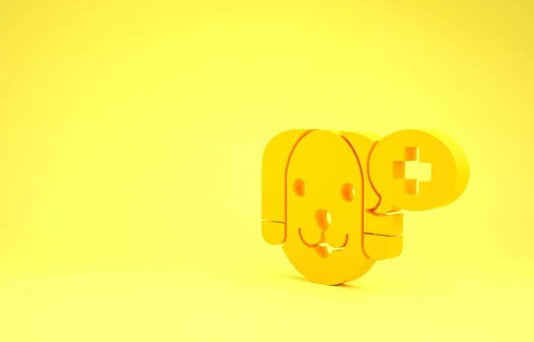 Gele Veterinaire kliniek symbool pictogram geïsoleerd op gele achtergrond. Kruis met hond veterinaire zorg. EHBO-teken. Minimalisme concept. 3d illustratie 3d renderen — Stockfoto