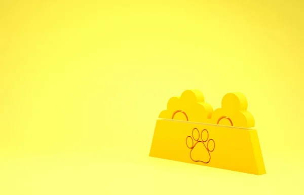 Geel Huisdier voerbak voor kat of hond pictogram geïsoleerd op gele achtergrond. Afdruk van honden- of kattenpootjes. Minimalisme concept. 3d illustratie 3D renderen — Stockfoto