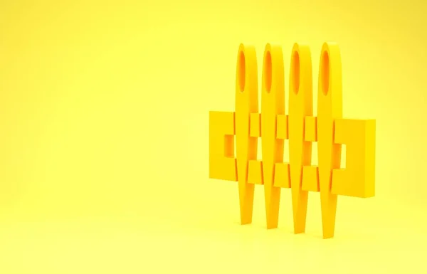 Ago giallo per l'icona del cucito isolato su sfondo giallo. Simbolo sarto. Tessile cucire segno mestiere. Strumento di ricamo. Concetto minimalista. Illustrazione 3d rendering 3D — Foto Stock