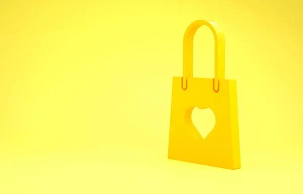 Gele boodschappentas met hartpictogram geïsoleerd op gele achtergrond. Winkeltas winkel liefde als hart pictogram. Valentijnsdag symbool. Minimalisme concept. 3d illustratie 3d renderen — Stockfoto
