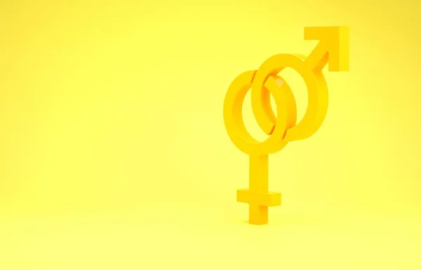 黄色的性别图标孤立在黄色的背景上.男子和妇女的象征。性符号。最低纲领的概念。3D渲染3D插图 — 图库照片
