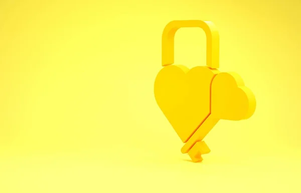 Gele Kasteel in de vorm van een hart en sleutelicoon geïsoleerd op gele achtergrond. Vergrendeld hart. Liefdessymbool en sleutelgat teken. Minimalisme concept. 3d illustratie 3d renderen — Stockfoto