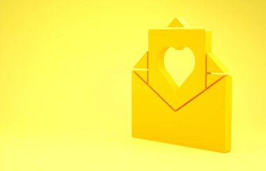 Sarı zarf, sarı arka planda izole edilmiş sevgililer günü kalp ikonu. Mesaj aşkım. Aşk ve romantizm mektubu. Minimalizm kavramı. 3d illüstrasyon 3B canlandırma