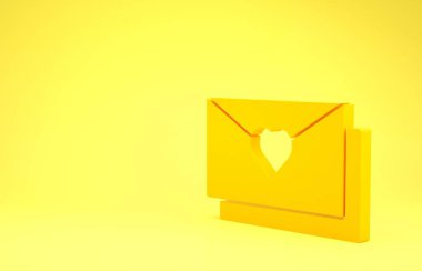 Sarı zarf, sarı arka planda izole edilmiş sevgililer günü kalp ikonu. Mesaj aşkım. Aşk ve romantizm mektubu. Minimalizm kavramı. 3d illüstrasyon 3B canlandırma