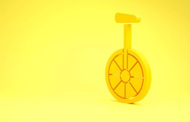 Sarı Tek tekerlekli bisiklet ya da sarı arka planda izole edilmiş bir bisiklet ikonu. Tekerlekli bisiklet. Minimalizm kavramı. 3d illüstrasyon 3B canlandırma