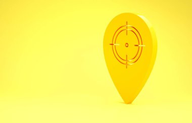 Sarı arka planda izole edilmiş sarı av yeri simgesi. Navigasyon, işaret, konum, harita, GPS, yön, yer, pusula, temas, arama. Minimalizm kavramı. 3d illüstrasyon 3d canlandırma