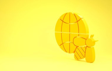 Dünyanın sarı bal peteği haritası ve sarı arka planda izole edilmiş arı ikonu. Dünya arısı günü. Ekolojik olay kavramı. Minimalizm kavramı. 3d illüstrasyon 3d canlandırma