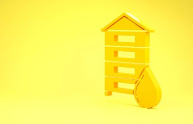 Sarı arka planda izole edilmiş arılar için sarı kovan. Arı kovanı sembolü. Apiary ve arı yetiştiriciliği. Tatlı doğal yemek. Minimalizm kavramı. 3d illüstrasyon 3d canlandırma