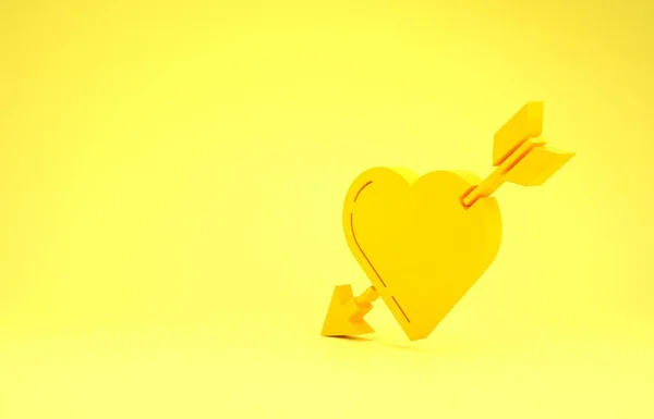 Символ Жовтого Амура з іконою серця та стріл ізольований на жовтому тлі. Знак любові. Валентинів символ. Концепція мінімалізму. 3D-рендеринг — стокове фото