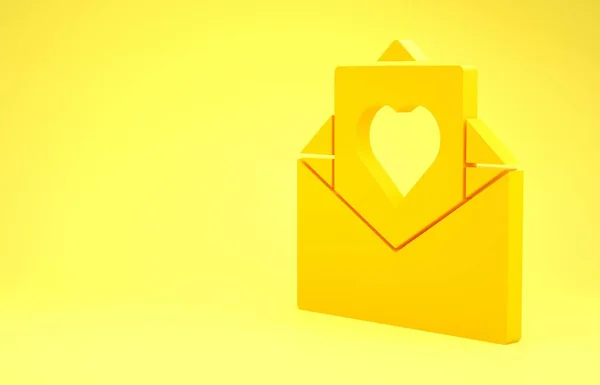 黄色的信封，带有黄色背景下孤立的情人节心脏图标。爱的信息信上的爱情和浪漫最低纲领的概念。3D渲染3D插图 — 图库照片
