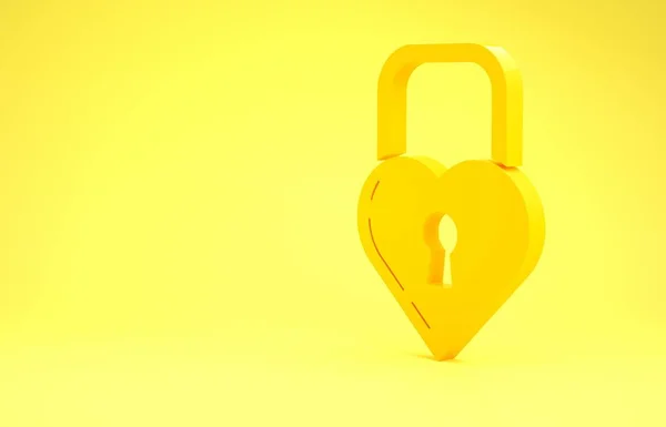 Yellow Castle in the shape of a heart icon isolated on yellow background. Locked Heart. Love symbol and keyhole sign. Minimalism concept. 3d illustration 3D render