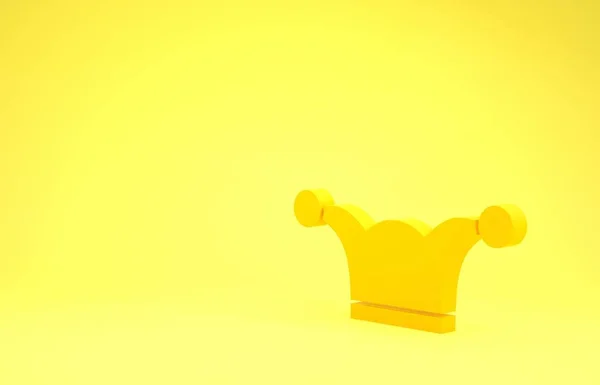 Żółty błazen z dzwonkami na żółtym tle. Ikona klauna. Znak wesołego miasteczka. Koncepcja minimalizmu. Ilustracja 3D 3D renderowania — Zdjęcie stockowe