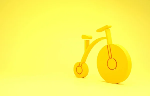 Vélo Vintage jaune avec une grande roue et une petite icône isolée sur fond jaune. Panneau de transport public vélo. Concept de minimalisme. Illustration 3D rendu 3D — Photo