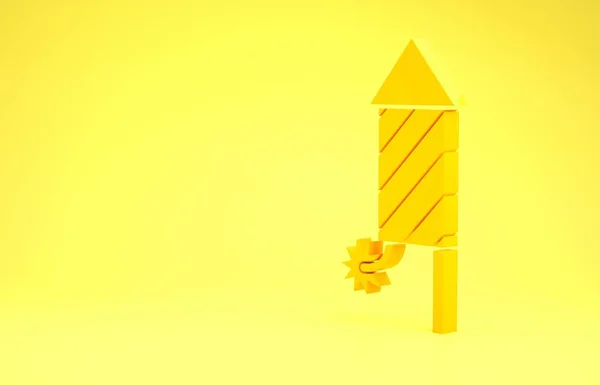 Icono de cohete Firework amarillo aislado sobre fondo amarillo. Concepto de fiesta divertida. Explosivo símbolo pirotécnico. Concepto minimalista. 3D ilustración 3D render —  Fotos de Stock