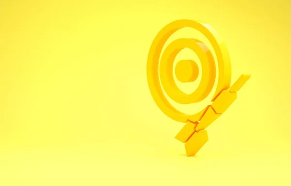 Placa de dardo clássico amarelo e ícone de seta isolado no fundo amarelo. Dartboard sign. Conceito de jogo. Conceito de minimalismo. 3D ilustração 3D render — Fotografia de Stock