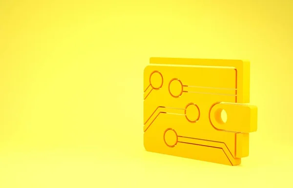 Ícone de carteira Criptomoeda amarelo isolado no fundo amarelo. Carteira e sinal de bitcoin. Conceito de mineração. Dinheiro, pagamento, dinheiro, ícone de pagamento. Conceito de minimalismo. 3D ilustração 3D render — Fotografia de Stock