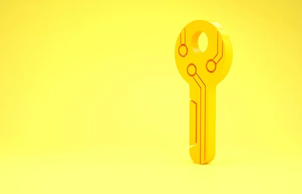Żółty kryptowaluta klucz ikona izolowana na żółtym tle. Koncepcja bezpieczeństwa cybernetycznego lub prywatnego klucza, cyfrowy klucz z interfejsem technologicznym. Koncepcja minimalizmu. Ilustracja 3d — Zdjęcie stockowe
