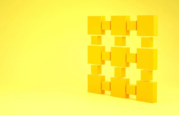 Ícone de tecnologia Blockchain amarelo isolado no fundo amarelo. Dados de criptomoeda. Abstrato geométrico bloco cadeia negócio de tecnologia de rede. Conceito de minimalismo. 3D ilustração 3D render — Fotografia de Stock