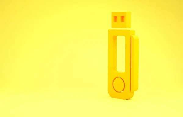 Ícone amarelo da unidade flash USB isolado no fundo amarelo. Conceito de minimalismo. 3D ilustração 3D render — Fotografia de Stock