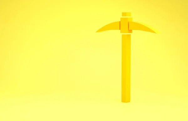 Yellow Pickaxe icon isolated on yellow background. Blockchain technology, cryptocurrency mining, bitcoin, digital money market, cryptocoin wallet. Minimalism concept. 3d illustration 3D render — 스톡 사진