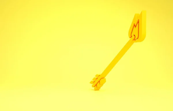 Иконка со стрелкой желтого пламени выделена на желтом фоне. Значок со стрелкой хипстера. Концепция минимализма. 3D-рендеринг — стоковое фото