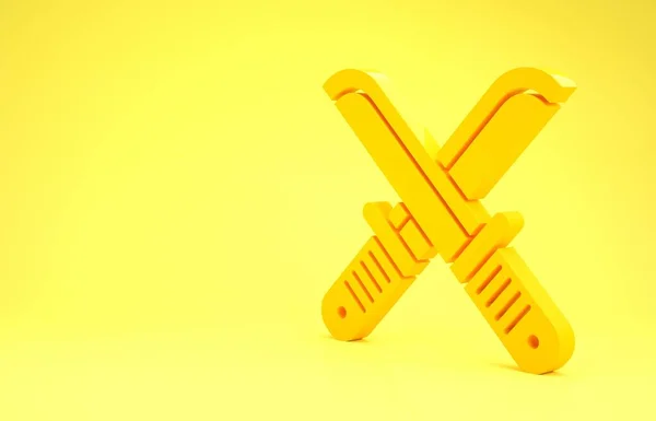 Gul Crossed jägare kniv ikon isolerad på gul bakgrund. Armékniv. Minimalistiskt koncept. 3D-illustration 3D-återgivning — Stockfoto