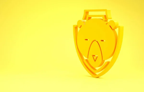 Cabeza de oso amarillo en el icono del escudo aislado sobre fondo amarillo. Trofeo de caza en la pared. Concepto minimalista. 3D ilustración 3D render —  Fotos de Stock