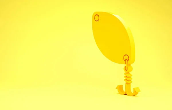 Icône de cuillère de pêche jaune isolé sur fond jaune. appâts de pêche en forme de poisson. Matériel de pêche. Concept de minimalisme. Illustration 3D rendu 3D — Photo