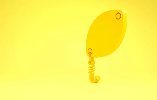 Yellow Fishing spoon icon isolated on yellow background. Fishing baits in shape of fish. Fishing tackle. Minimalism concept. 3d illustration 3D render — 스톡 사진